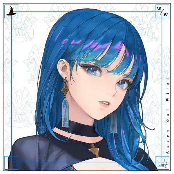 Anime picture 4000x4000 with original ake (cherrylich) single long hair looking at viewer fringe highres blue eyes simple background signed blue hair absurdres blunt bangs parted lips head tilt portrait face framed girl earrings