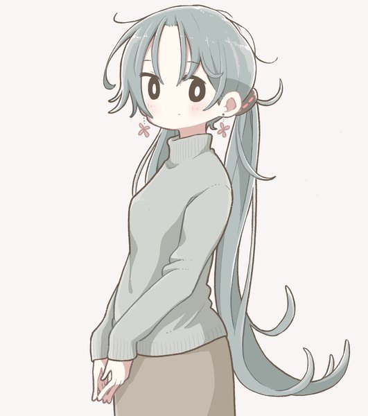 Anime picture 1813x2048 with original east sha2 single long hair tall image highres simple background twintails long sleeves grey hair black eyes grey background girl skirt earrings sweater