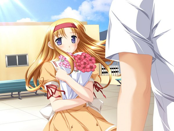 Anime picture 1024x768 with alto miharu - alto another story wakana chitose long hair blue eyes blonde hair game cg girl flower (flowers) serafuku