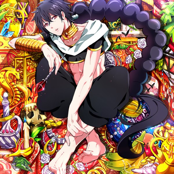 Anime picture 1300x1300 with magi the labyrinth of magic a-1 pictures judal yuna (rutera) single long hair open mouth black hair red eyes braid (braids) very long hair traditional clothes barefoot boy rose (roses) jewelry fruit skull crystal candle (candles)