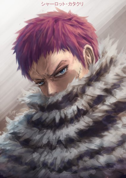 Anime picture 1448x2048 with one piece toei animation charlotte katakuri liang jian single tall image looking at viewer short hair blue eyes simple background signed purple hair upper body fur trim character names hieroglyph scar covered mouth vein (veins) boy