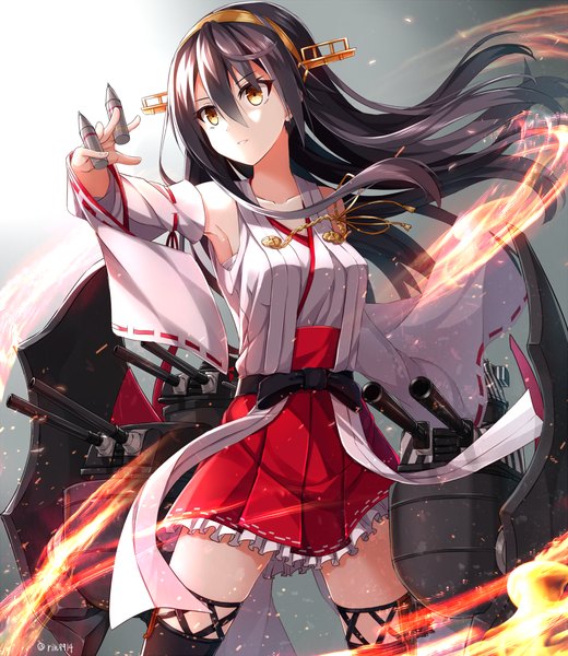 Anime picture 982x1132 with kantai collection haruna battleship rin yuu single long hair tall image black hair hair between eyes yellow eyes traditional clothes japanese clothes grey background nontraditional miko girl thighhighs hair ornament weapon black thighhighs detached sleeves frills