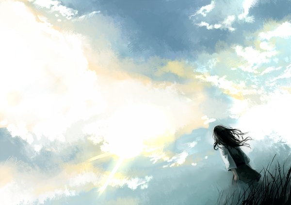 Anime picture 2276x1611 with original kyouichi single long hair highres black hair standing sky cloud (clouds) wind back scenic girl plant (plants) grass