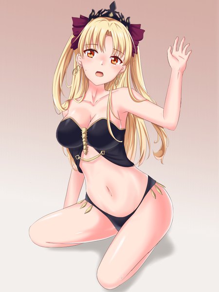 Anime picture 6000x8000 with fate (series) fate/grand order ereshkigal (fate) maomao zai ci single long hair tall image looking at viewer highres breasts open mouth light erotic simple background blonde hair red eyes absurdres arm up armpit (armpits) two side up underwear only