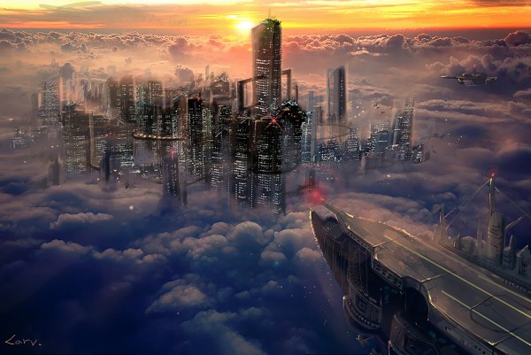 Anime picture 1200x802 with carv sky cloud (clouds) city evening sunset cityscape flying landscape scenic science fiction sun aircraft skyscraper airship