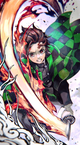 Anime picture 2027x3686 with kimetsu no yaiba ufotable kamado tanjirou kyuuba melo single tall image looking at viewer highres short hair red eyes brown hair holding traditional clothes japanese clothes scar fighting stance checkered clenched teeth boy uniform