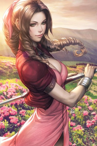 Anime picture 799x1200 with final fantasy final fantasy vii square enix aerith gainsborough artgerm (stanley lau) single long hair tall image looking at viewer breasts brown hair standing holding green eyes signed payot sky cleavage cloud (clouds) outdoors