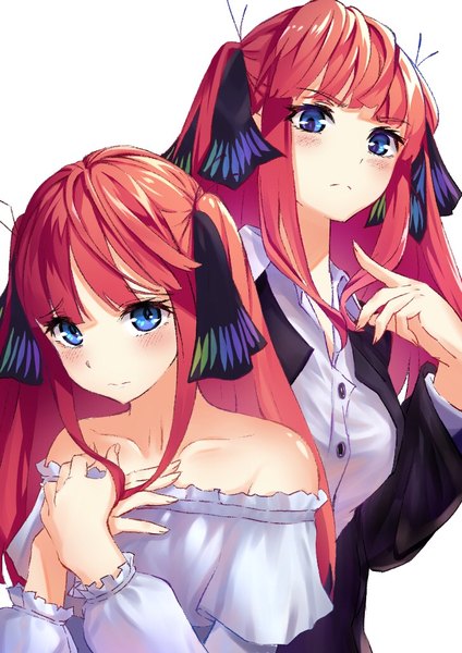 Anime-Bild 729x1032 mit go-toubun no hanayome nakano nino to gemichi long hair tall image looking at viewer blush fringe breasts blue eyes simple background standing white background bare shoulders payot pink hair upper body two side up embarrassed hand on chest