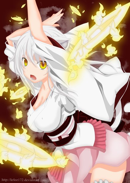 Anime picture 1421x2000 with highschool dxd toujou koneko krloz172 single long hair tall image open mouth animal ears yellow eyes white hair tail animal tail cat ears cat girl cat tail coloring arms behind head girl belt short kimono