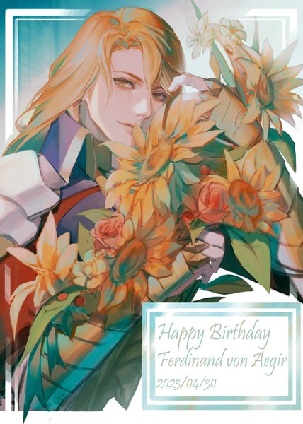 Anime picture 2925x4096 with fire emblem fire emblem: three houses nintendo ferdinand von aegir yuu vincent single long hair tall image looking at viewer fringe highres smile hair between eyes upper body orange hair orange eyes character names dated happy birthday boy