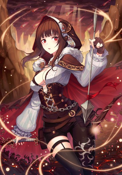 Anime picture 1000x1429 with original kimsw0522 single tall image looking at viewer blush fringe short hair breasts red eyes brown hair standing holding payot cleavage blunt bangs parted lips fur trim thigh gap lacing