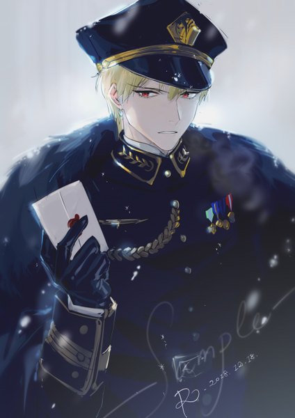 Anime-Bild 2000x2828 mit fate (series) fate/grand order gilgamesh (fate) rrr (reason) single tall image fringe highres short hair blonde hair hair between eyes red eyes looking away upper body parted lips dated boy gloves uniform black gloves