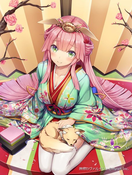 Anime picture 683x900 with shinkai no valkyrie doll hina akkijin single long hair tall image looking at viewer fringe breasts smile sitting green eyes pink hair cleavage indoors long sleeves traditional clothes japanese clothes from above wide sleeves