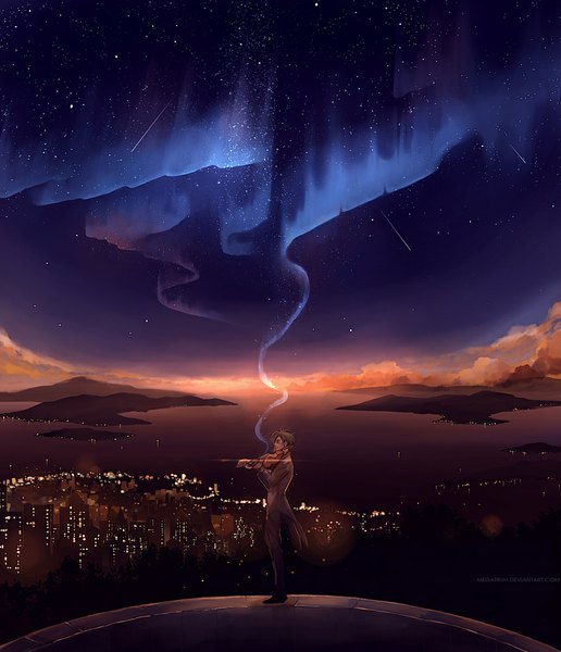 Anime picture 860x1000 with original megatruh tall image short hair standing holding sky cloud (clouds) profile city glowing horizon cityscape landscape city lights meteor rain aurora borealis boy water shoes