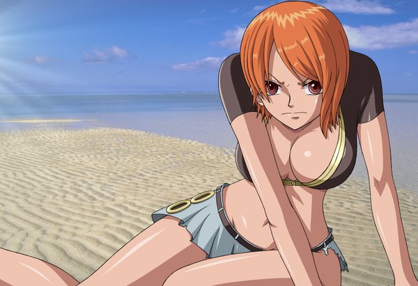 Anime picture 3431x2352 with one piece toei animation nami (one piece) highres short hair light erotic brown eyes absurdres cleavage orange hair midriff beach torn clothes girl skirt navel sea
