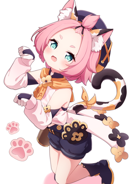 Anime picture 800x1095 with genshin impact diona (genshin impact) setmen single tall image looking at viewer blush short hair open mouth white background animal ears pink hair tail animal tail aqua eyes cat ears cat girl cat tail loli eyebrows