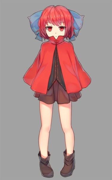 Anime picture 800x1280 with touhou sekibanki shone single tall image looking at viewer fringe short hair simple background red eyes red hair grey background :< girl bow hair bow boots