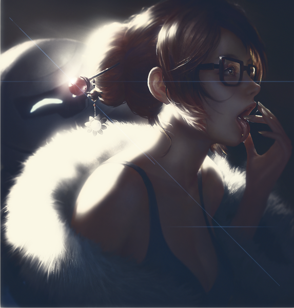 Anime picture 810x848 with overwatch blizzard entertainment mei (overwatch) snowball (overwatch) wang chen physicaligraphy tall image open mouth brown hair looking away cleavage profile fingernails realistic hair bun (hair buns) fur trim saliva long fingernails licking lightning