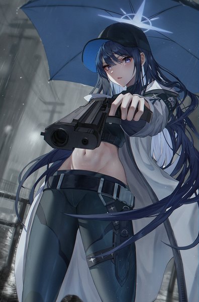 Anime picture 2743x4157 with blue archive saori (blue archive) josal single long hair tall image looking at viewer fringe highres open mouth blue eyes black hair hair between eyes standing holding outdoors open clothes midriff outstretched arm rain