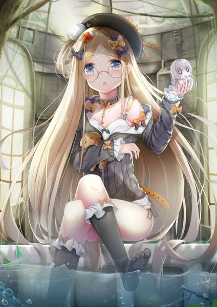 Anime picture 2894x4093 with fate (series) fate/grand order abigail williams (fate) lavinia whateley (fate/grand order) chintora0201 single tall image looking at viewer blush fringe highres breasts open mouth blue eyes light erotic blonde hair sitting holding signed payot