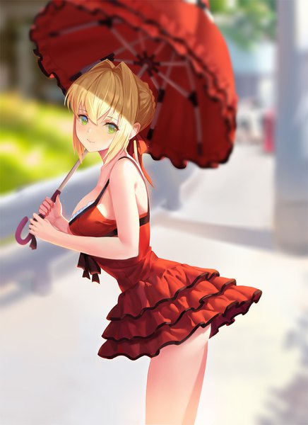 Anime picture 800x1101 with fate (series) fate/grand order nero claudius (fate) nero claudius (swimsuit caster) (fate) dongfangzhong111 single tall image looking at viewer fringe short hair breasts light erotic blonde hair hair between eyes large breasts standing holding green eyes payot outdoors