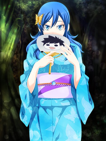 Anime picture 3600x4800 with fairy tail juvia lockser salim202 single long hair tall image highres blue eyes blue hair absurdres traditional clothes japanese clothes sunlight coloring sunbeam girl hair ornament plant (plants) tree (trees) belt