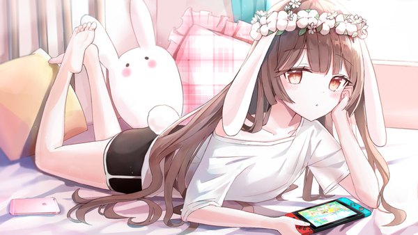 Anime picture 1500x845 with original nintendo apple inc. iren lovel single long hair looking at viewer brown hair wide image brown eyes animal ears indoors tail animal tail barefoot :o bunny ears bunny tail head rest girl