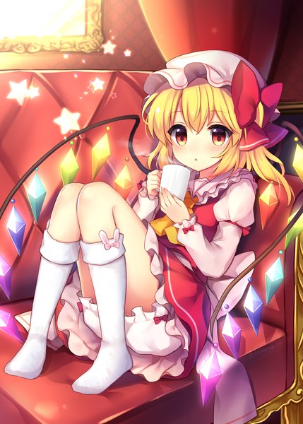 Anime picture 2590x3624 with touhou flandre scarlet ruhika single tall image looking at viewer highres short hair light erotic blonde hair red eyes sitting bent knee (knees) long sleeves parted lips no shoes puffy sleeves one side up reclining frilly skirt