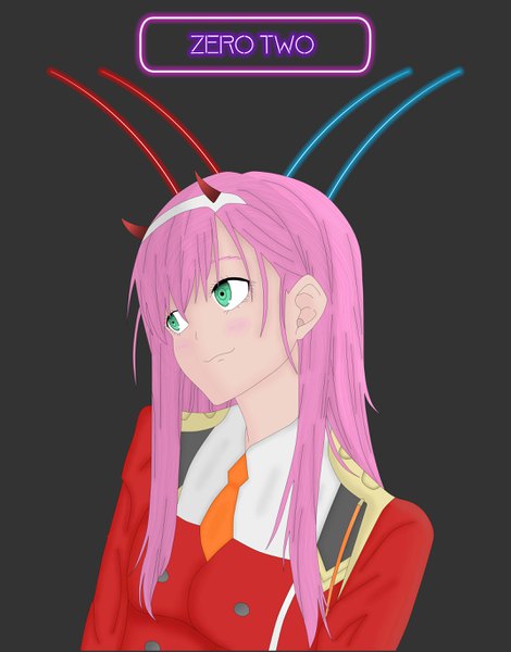 Anime picture 2143x2733 with darling in the franxx studio trigger zero two (darling in the franxx) sacharque single long hair tall image highres simple background smile looking away pink hair upper body aqua eyes grey background character names dark background girl uniform military uniform