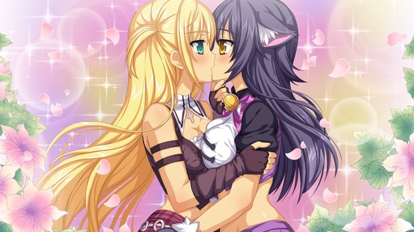 Anime picture 1366x768 with demon master chris saiga kurisu vioka long hair blush blue eyes black hair blonde hair wide image twintails bare shoulders multiple girls animal ears game cg cleavage profile bare belly hug lens flare short twintails