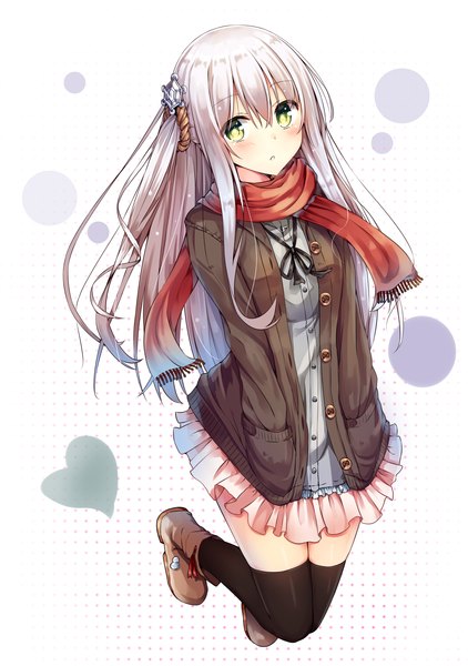 Anime picture 2540x3612 with original mitoko (tsuchikure) tsuchikure (3105mitoko) single long hair tall image looking at viewer blush fringe highres open mouth simple background white background green eyes silver hair :o jumping hands in pockets girl thighhighs