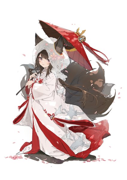 Anime-Bild 708x1000 mit azur lane amagi-chan (azur lane) douya (233) single long hair tall image looking at viewer fringe simple background brown hair standing white background purple eyes holding animal ears full body tail blunt bangs traditional clothes japanese clothes