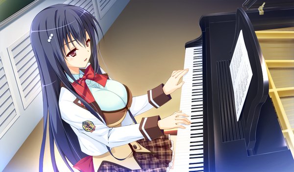 Anime picture 1024x600 with prestar long hair open mouth black hair red eyes wide image game cg girl uniform school uniform bowtie piano