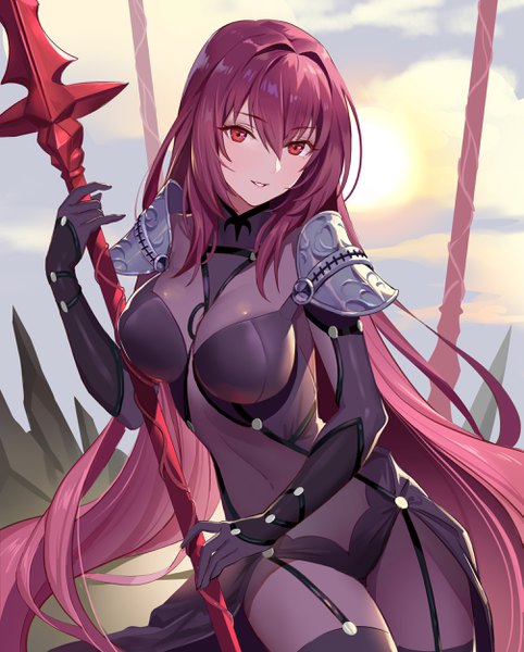 Anime picture 2009x2500 with fate (series) fate/grand order scathach (fate) (all) scathach (fate) teffish single long hair tall image looking at viewer blush fringe highres breasts light erotic hair between eyes red eyes standing holding purple hair parted lips