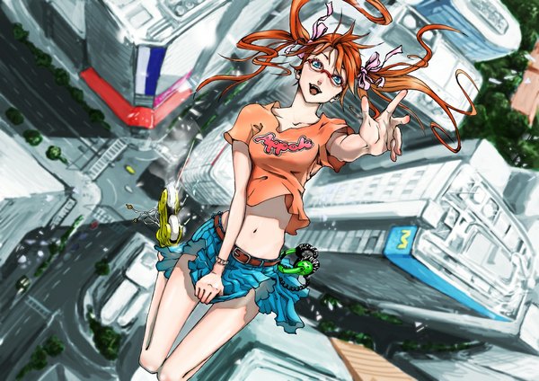 Anime picture 1169x827 with air gear toei animation noyamano ringo ri- (pixiv) long hair open mouth blue eyes twintails orange hair city falling girl skirt glasses bracelet headphones roller skates