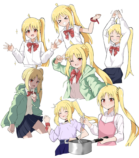 Anime picture 5426x6158 with bocchi the rock! cloverworks ijichi nijika naseul 777 long hair tall image highres open mouth simple background blonde hair red eyes white background absurdres ahoge eyes closed arms up side ponytail finger to mouth victory multiview