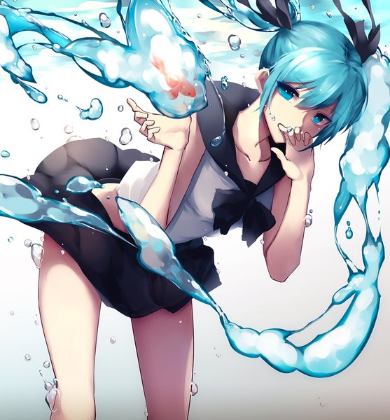 Anime picture 1000x1078 with vocaloid hatsune miku bottle miku zen33n single tall image looking at viewer fringe hair between eyes twintails payot pleated skirt aqua eyes aqua hair bare legs leaning leaning forward sleeveless gradient background underwater