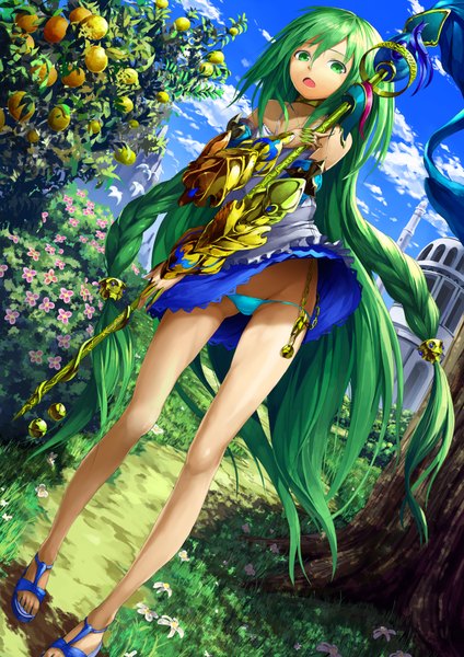 Anime picture 1240x1754 with original solru (tyappygain) single tall image looking at viewer open mouth light erotic green eyes sky cloud (clouds) braid (braids) very long hair green hair bare legs bikini pull girl dress underwear panties plant (plants)
