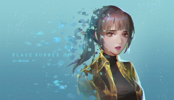 Anime picture 1530x880 with blade runner blade runner 2049 joi dywx poison single long hair brown hair wide image brown eyes upper body ponytail open jacket copyright name character names lipstick tears pink lipstick spoilers aqua background girl