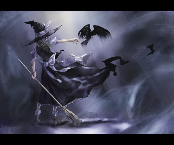 Anime picture 1300x1086 with touhou kirisame marisa kath single short hair blonde hair from behind grey background girl bow witch hat broom crow