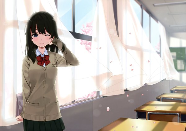 Anime picture 4799x3394 with original unasaka ryou single long hair blush highres blue eyes black hair absurdres one eye closed wind scan cherry blossoms adjusting hair classroom girl uniform school uniform petals window