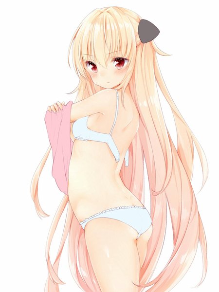 Anime picture 1509x2011 with toloveru toloveru darkness xebec konjiki no yami manatsuki manata single tall image blush fringe breasts light erotic simple background blonde hair hair between eyes red eyes standing white background bare shoulders payot looking away