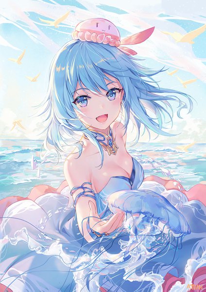 Anime picture 893x1263 with vocaloid synthesizer v haiyi atdan single tall image looking at viewer blush short hair breasts open mouth smile bare shoulders sky cleavage cloud (clouds) outdoors white hair multicolored hair aqua eyes