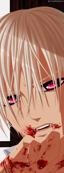 Anime picture 640x1718 with vampire knight studio deen kiryuu zero enara123 single tall image short hair white hair pink eyes coloring close-up face boy earrings blood