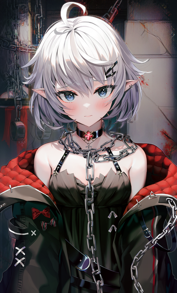 Anime picture 1200x1985 with original shuvi (shuvi1125) single tall image looking at viewer blush fringe short hair blue eyes hair between eyes bare shoulders silver hair upper body ahoge indoors pointy ears open jacket piercing symbol-shaped pupils ear piercing