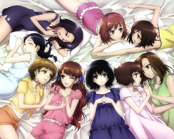 Anime picture 5095x4099 with another p.a. works misaki mei akazawa izumi ogura yumi watanabe san arita matsuko kakinuma sayuri sugiura takako kaneki kyouko matsui aki long hair highres open mouth black hair blonde hair brown hair multiple girls absurdres purple hair