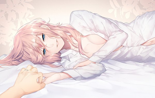Anime picture 880x560 with vocaloid megurine luka miyamotokannn long hair looking at viewer fringe breasts light erotic smile lying lips open clothes no bra open shirt holding hands on side girl navel shirt white shirt