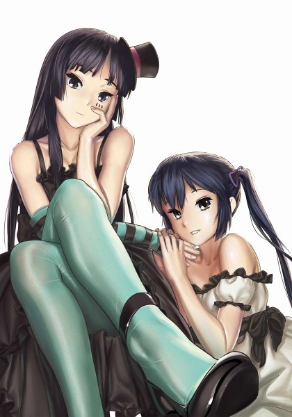 Anime picture 840x1200 with k-on! kyoto animation akiyama mio nakano azusa geister long hair tall image looking at viewer black hair simple background white background multiple girls holding purple hair light smile holding hands lolita fashion don't say "lazy" girl dress