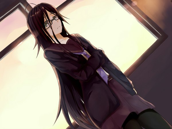 Anime picture 1024x768 with ben-tou david production single long hair black hair black eyes girl uniform school uniform glasses necktie window