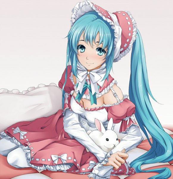 Anime picture 1000x1032 with vocaloid hatsune miku eto single tall image looking at viewer smile twintails very long hair aqua eyes aqua hair lolita fashion girl dress hat bonnet bunny